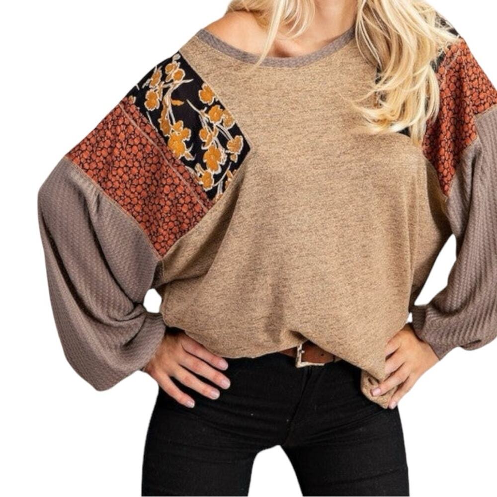 Kori America Fall is in the Air Tan Mixed Prints Tunic Length Top Size Small